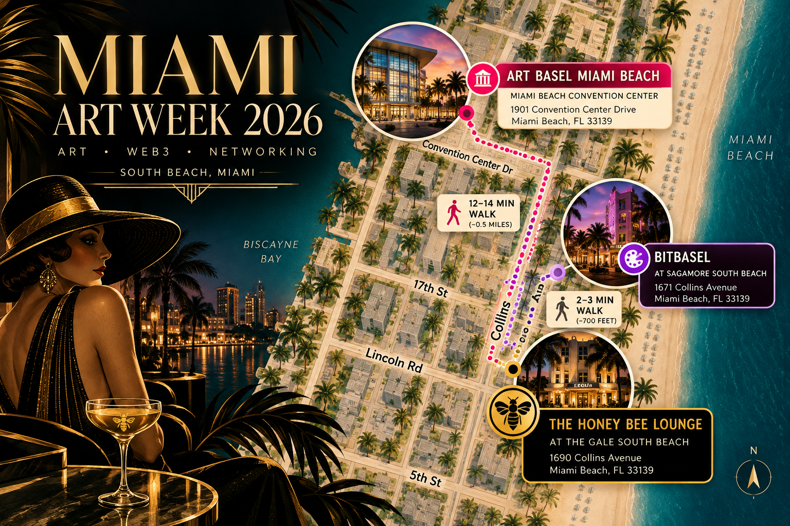 Illustrated South Beach map showing walking routes between Art Basel Miami Beach, BitBasel at Sagamore South Beach, and The Honey Bee Lounge at The Gale South Beach