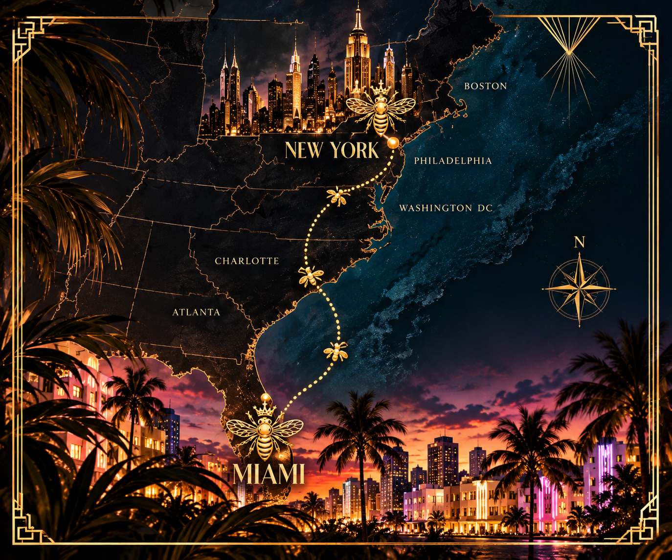 Gold map of the eastern seaboard linking New York and Miami, tracing the lounge from NFT NYC 2026 to Miami Art Basel Week 2026