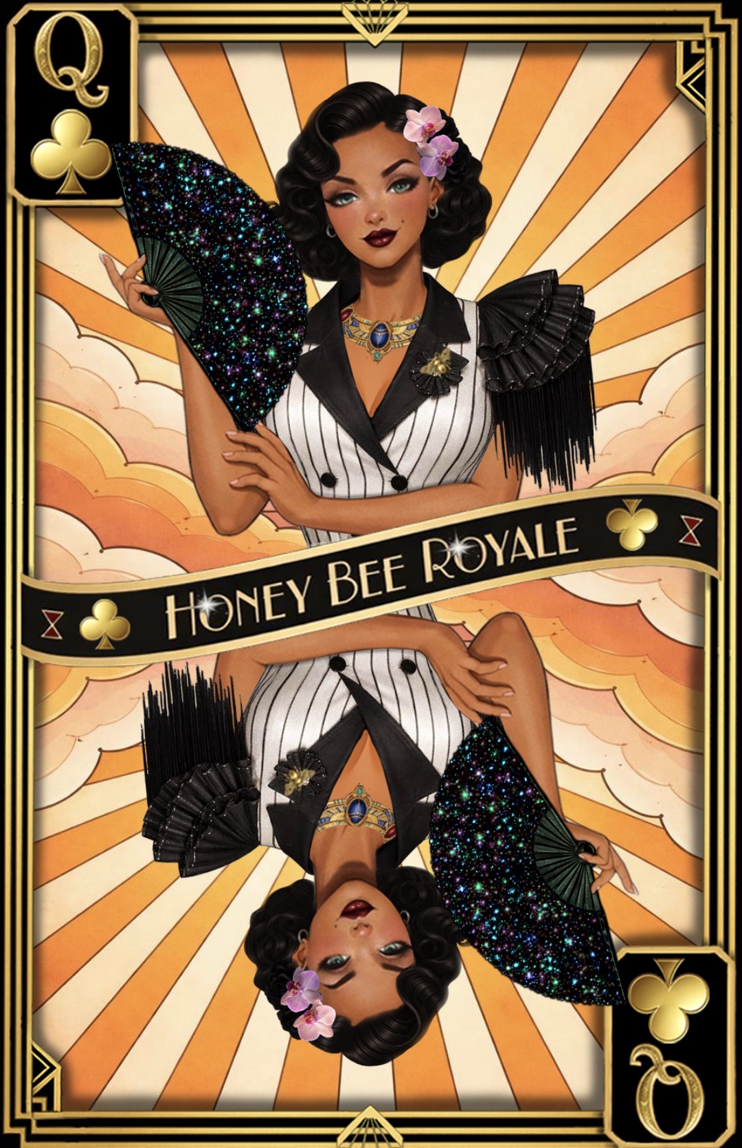 Honey Bee Royale Queen of Clubs card: a woman in a pinstripe vest with a fringed shoulder piece and bee brooch, holding a black fan against a cream and orange sunburst, framed in gold Art Deco borders