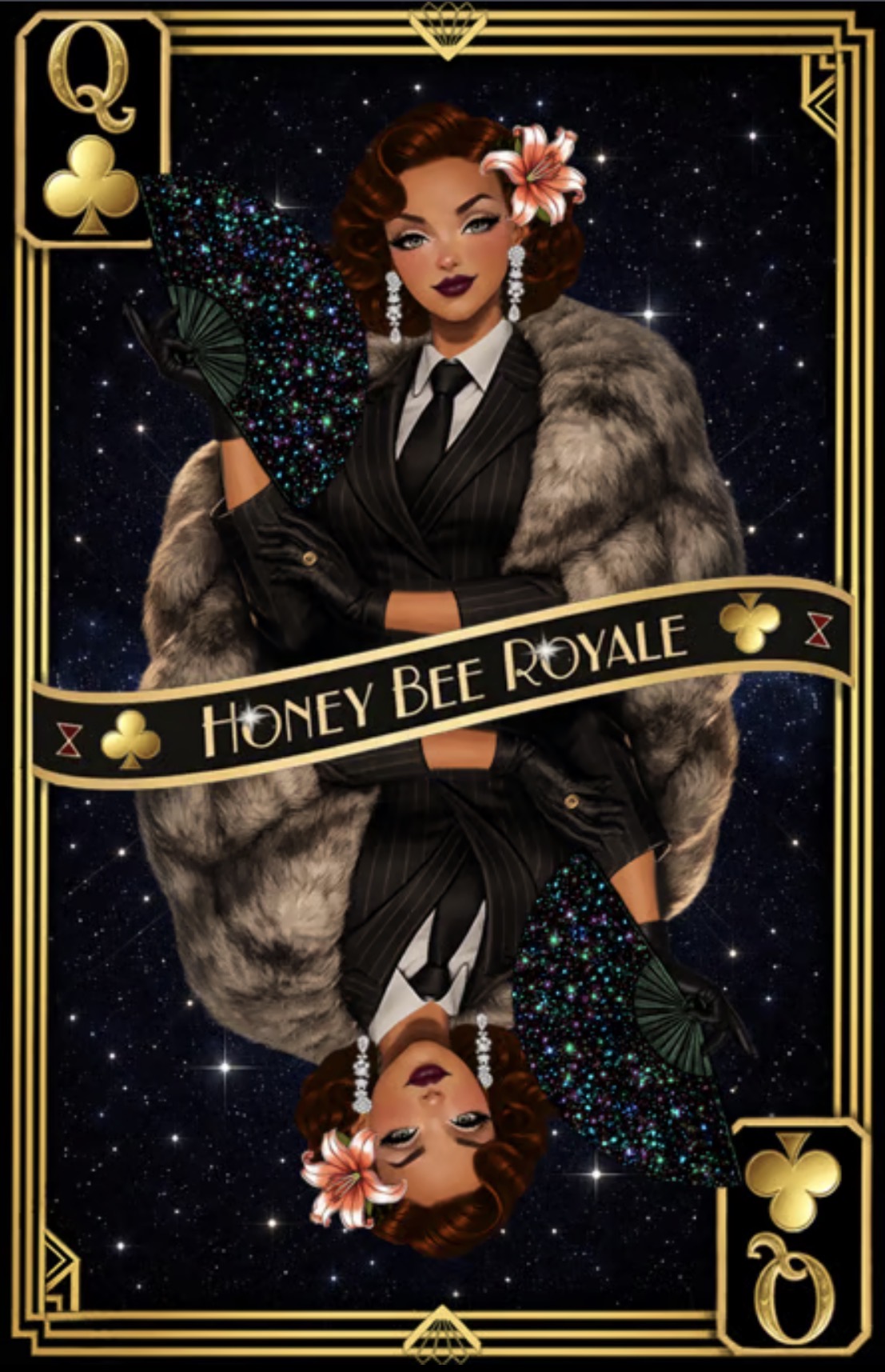 Honey Bee Royale Queen of Clubs card: a glamorous woman in a pinstripe suit and fur stole holding a glittered fan against a starry night sky, framed in gold Art Deco borders