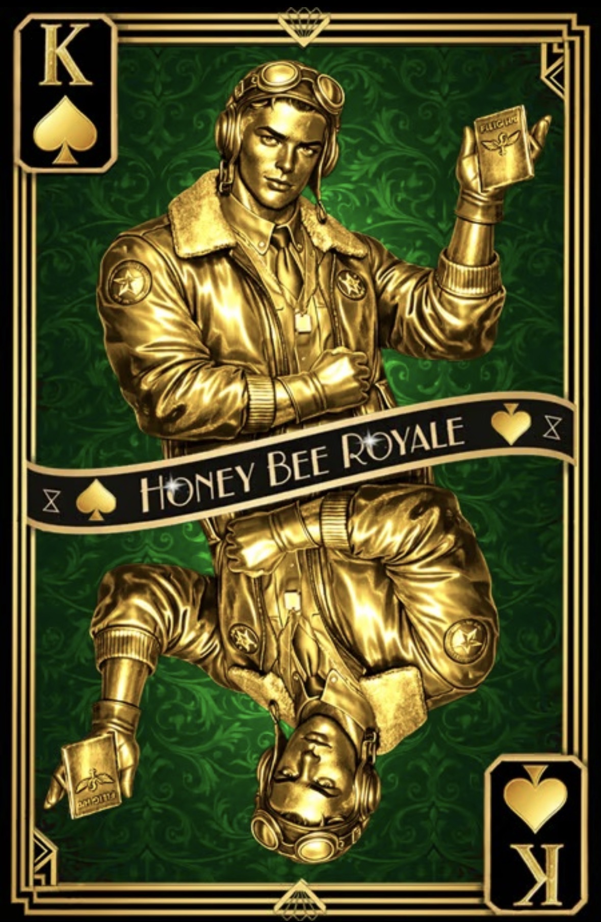 Honey Bee Royale King of Spades card: a sculpted golden aviator in a bomber jacket and pilot helmet holding a flight logbook against an emerald damask backdrop, framed in gold Art Deco borders