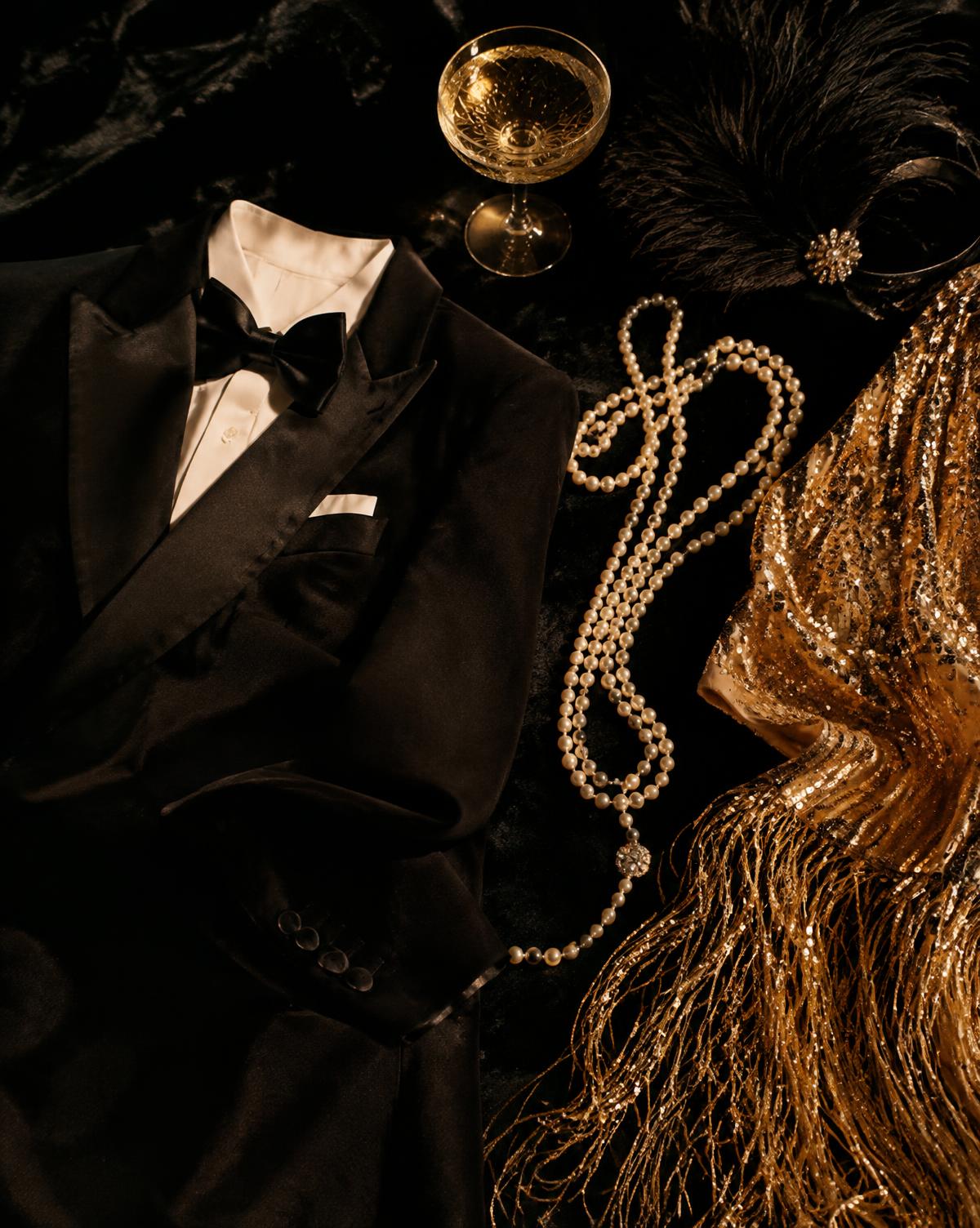 Tuxedo, pearls and gold fringe as dress-code inspiration
